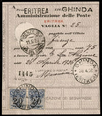 Italia / Colonie / Eritrea / Segnatasse per Vaglia