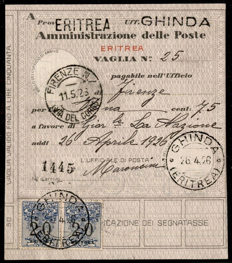 Italia / Colonie / Eritrea / Segnatasse per Vaglia