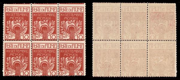 1920 - 10 cent (128) - blocco di 6 con dentellatura orizzontale obliqua - gomma integra - non catalogato