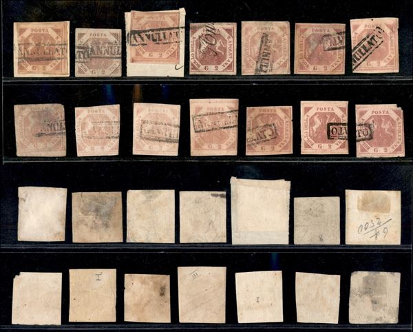 1858 - 2 grana (5/7) - lotticino di 14 usati - tavole e colori diversi - difetti - da esaminare