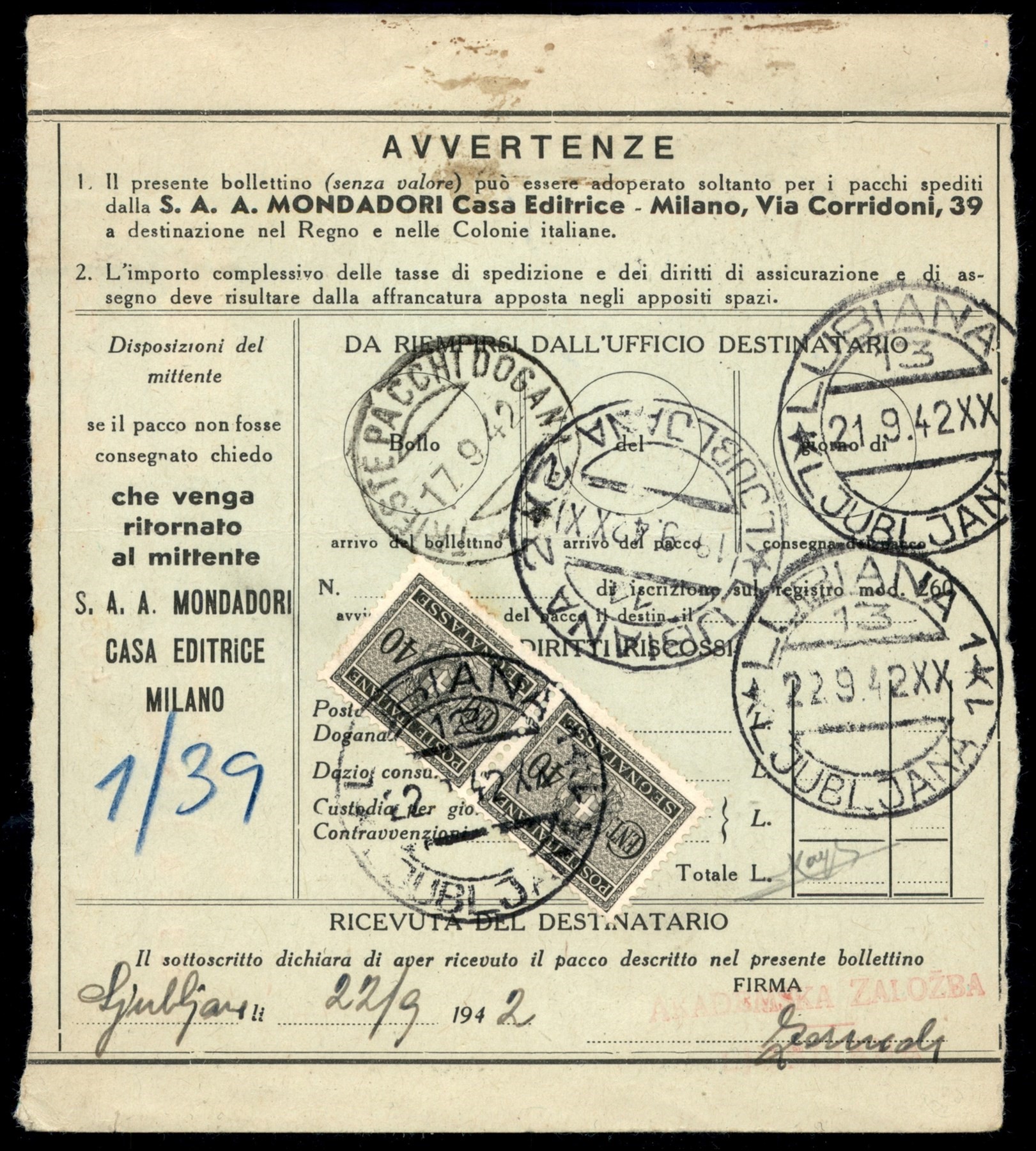 Italia / Occupazioni II Guerra Mondiale / Lubiana / Posta Ordinaria