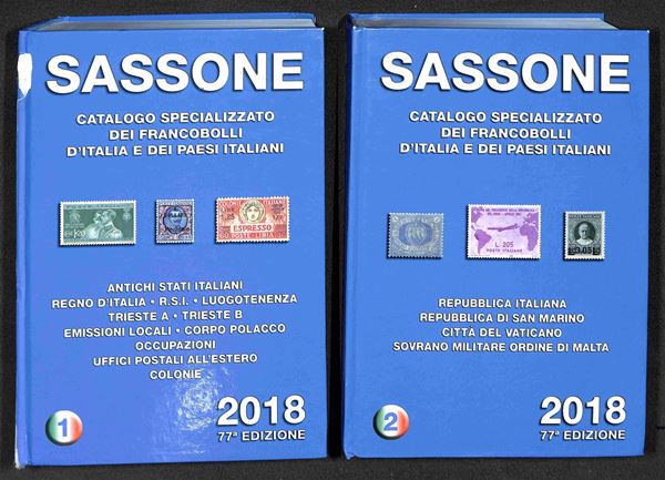 BIBLIOTECA FILATELICA - Catalogo Sassone dei francobolli d'Italia e dei paesi italiani I e II volume - edizione 2018 - buone condizioni