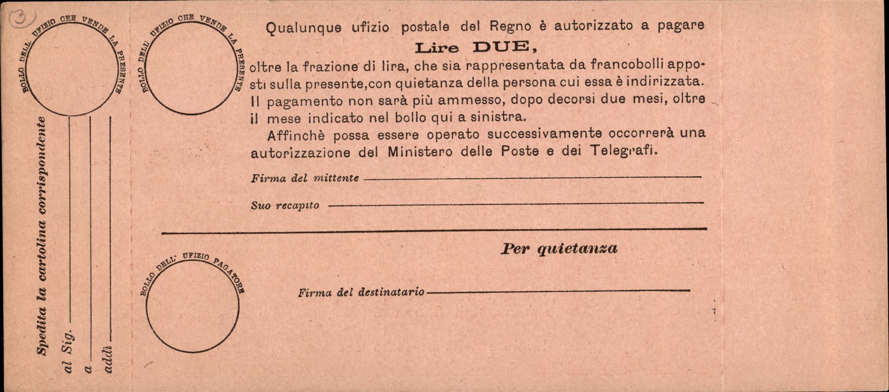 Italia / Regno / Vaglia Postale