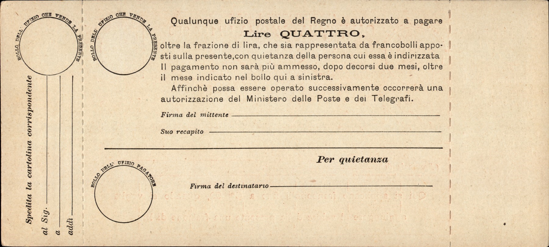 Italia / Regno / Vaglia Postale