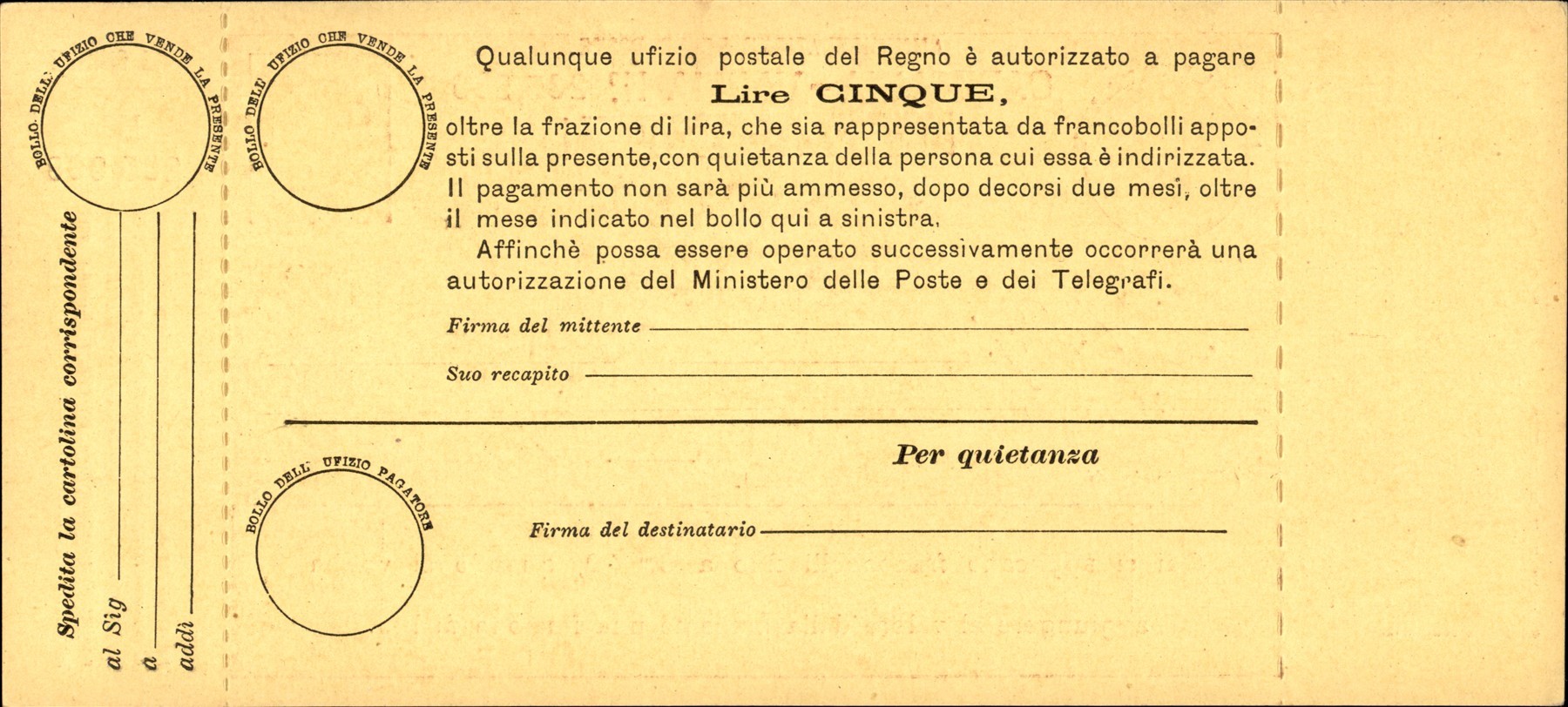 Italia / Regno / Vaglia Postale