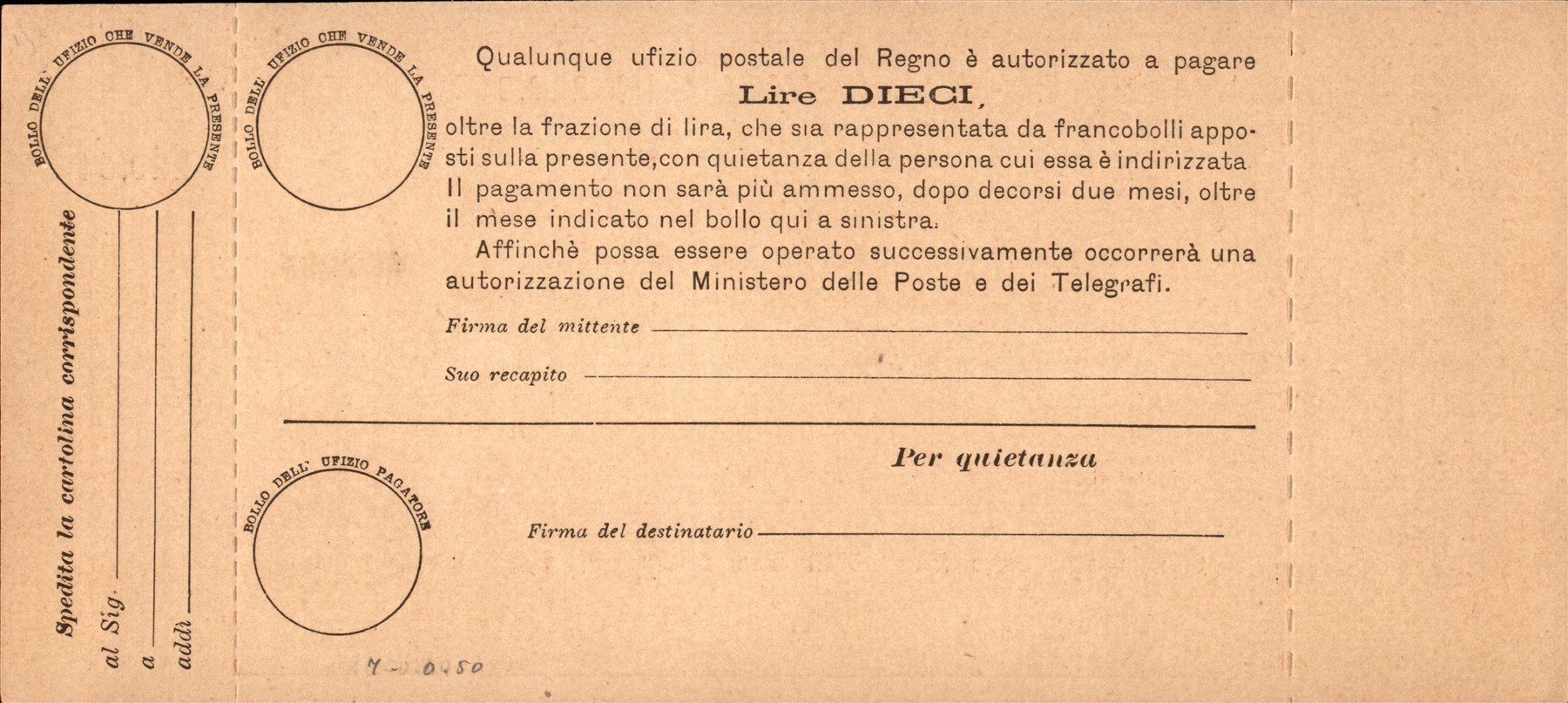 Italia / Regno / Vaglia Postale
