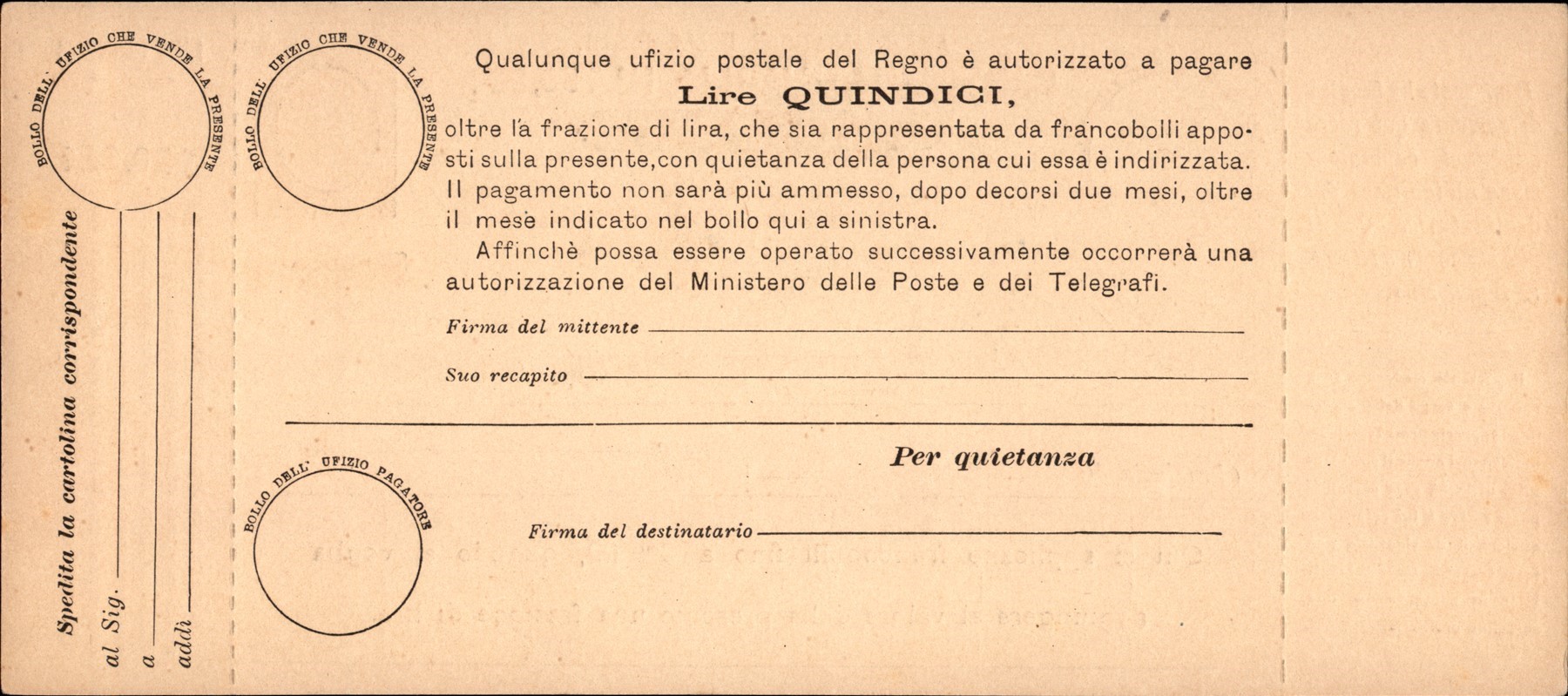 Italia / Regno / Vaglia Postale