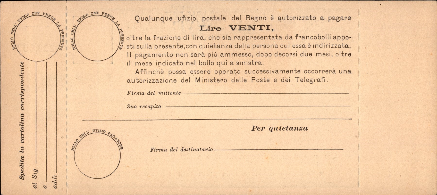 Italia / Regno / Vaglia Postale