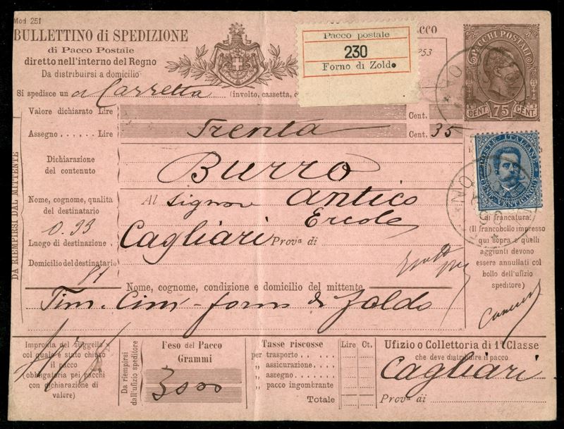 Italia / Regno / Umberto i / Bollettino Pacchi