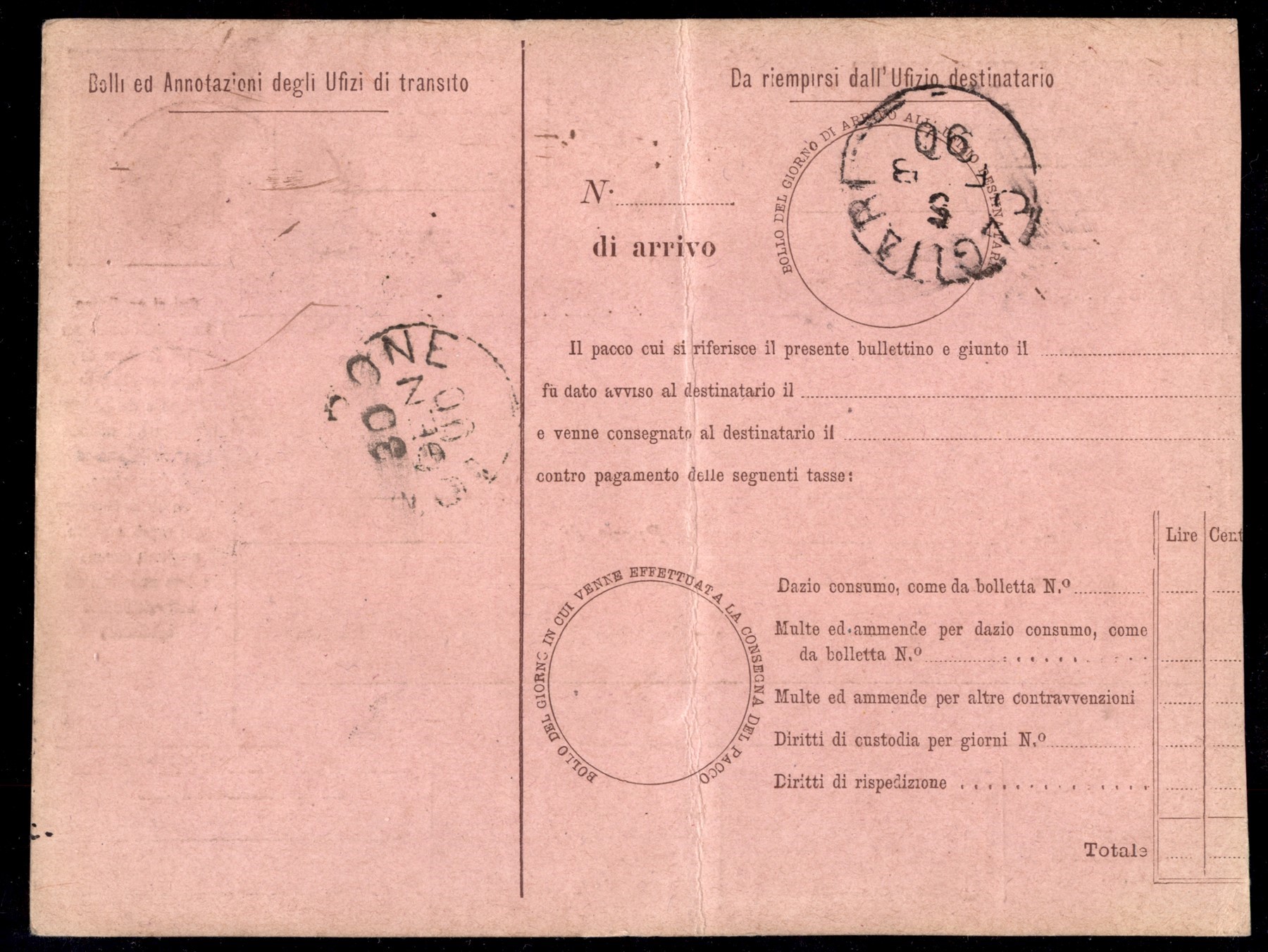 Italia / Regno / Umberto i / Bollettino Pacchi