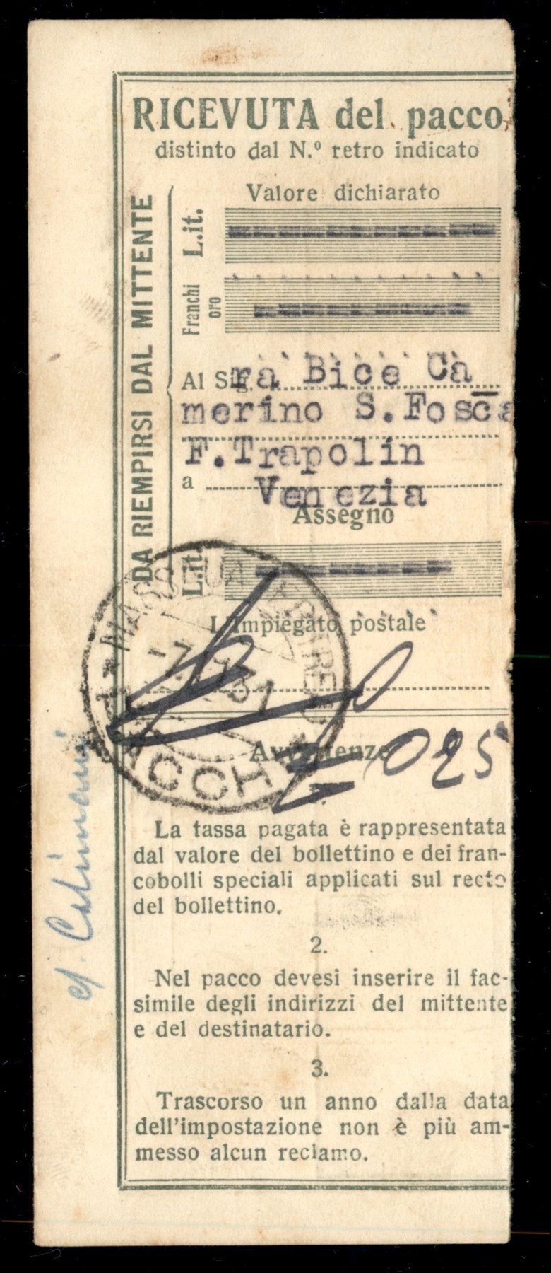 Italia / Colonie / Eritrea / Pacchi Postali