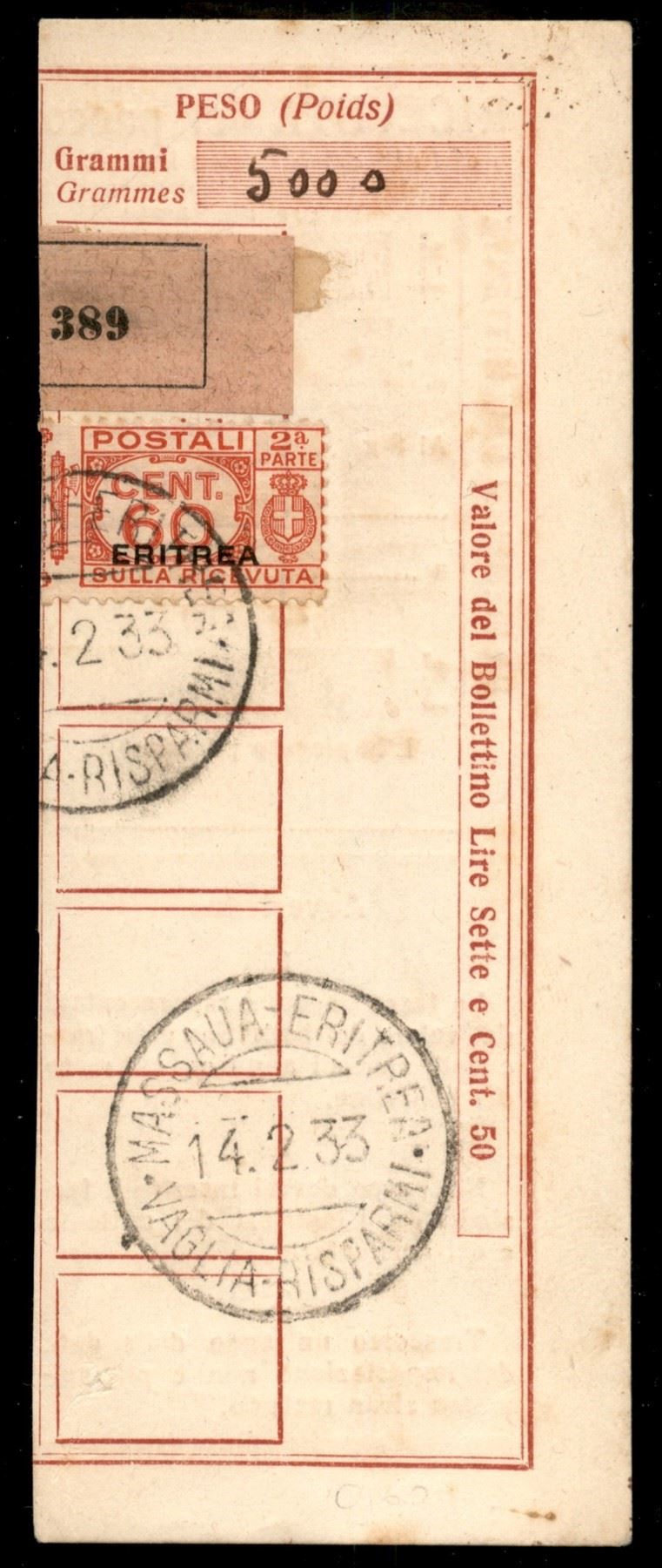 Italia / Colonie / Eritrea / Pacchi Postali