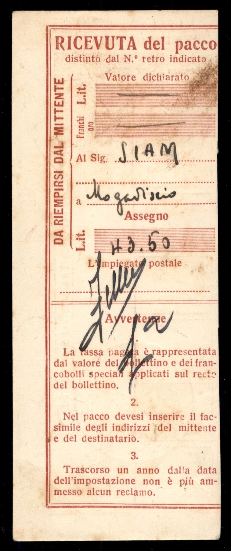 Italia / Colonie / Eritrea / Pacchi Postali