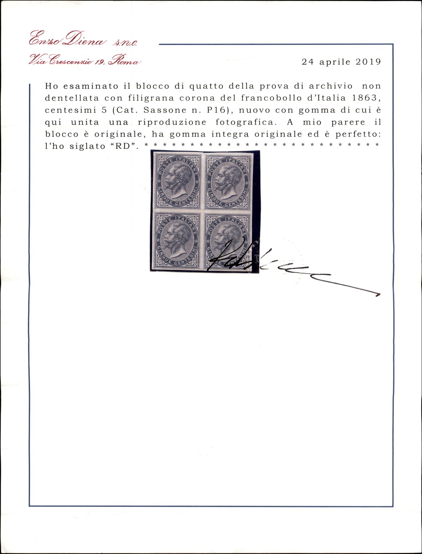 Italia / Regno / Vittorio Emanuele II / Prova D'archivio