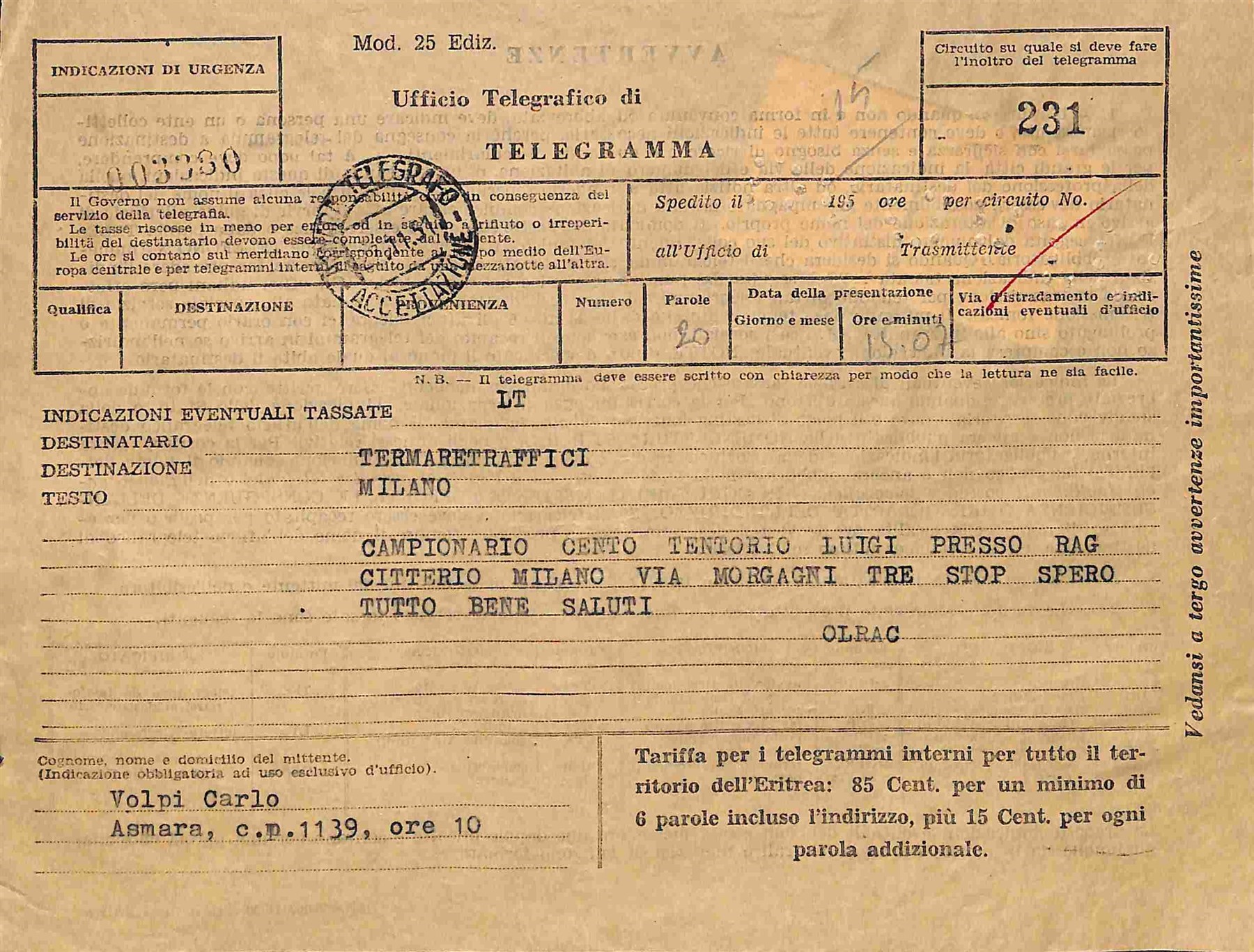 Italia / Occupazioni Straniere delle Colonie / Eritrea / b.M.a./b.a. Eritrea / Posta Ordinaria