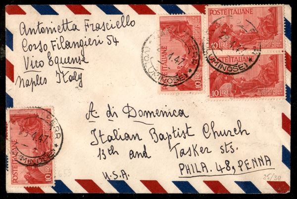 Aerogramma affrancato con quattro 10 lire Avvento Repubblica (571) da Napoli 29.4.47 per gli USA