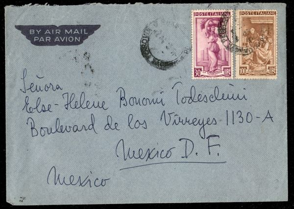 Aerogramma affrancato con 30 + 100 lire Italia al Lavoro (644 + 651) da Genova 1954 per il Messico