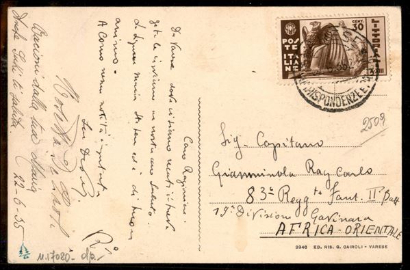 Cartolina paesaggistica affrancata con 30 cent Littorali (378) da Varese per la AOI - ex coll. Provera
