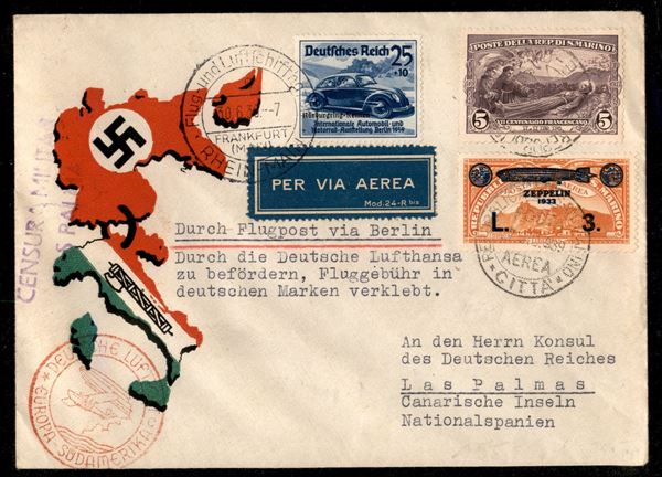 Volo in Sud America - busta da San Marino a Los Palmas del 27.6.39 con affrancatura combinata San Marino Germania - 3 lire Zeppelin (11) - molto bella