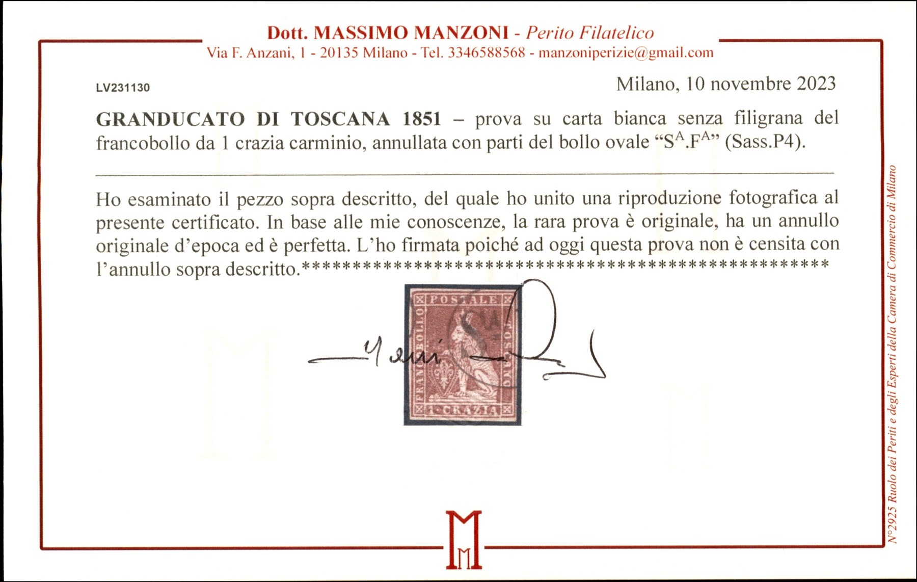 ITALIA / Antichi Stati Italiani / Toscana / Prova d'Archivio