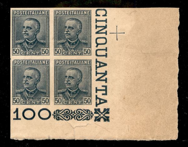 1929 - Prova d'Archivio - 50 cent Parmeggiani (CEI P221 - ardesia) - quartina bordo foglio - sempre senza gomma